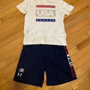 Under Armour White USA Graphic Tee with Navy Athletic Shorts